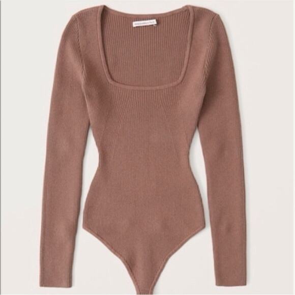 Abercrombie & Fitch Square Neck Ribbed Sweater Bodysuit Brown Medium Layer Fall - Picture 2 of 8